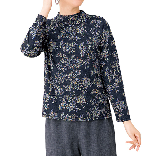 カットソー 花柄 長袖 レディース 春夏 日本製 花柄プリントボトルネックプルオーバー チャコールグレー系 トップス 婦人服 ミセス シニア 女性 シニアファッション 40代 50代 60代 70代 80代 母の日 お母さん 春物 夏物　fuji　p22516　p23239