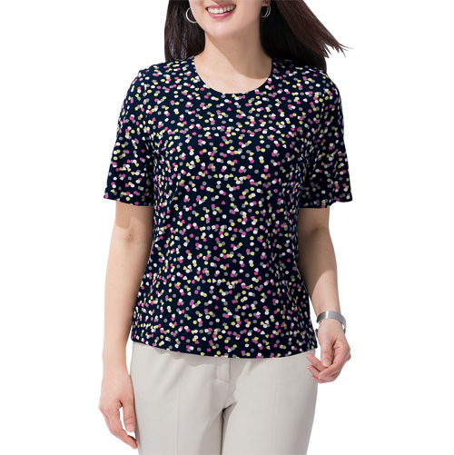 Tシャツ ドット柄 水玉模様 レディース シニア 春夏 日本製 変形 ドット柄 プルオーバー クルーネック 丸首 半袖 カットソー 婦人服 ミセス 女性 ブラック系 水玉柄 シニアファッション 40代 50代 60代 70代 80代 母の日 お母さん 黒 かわいい サマー　fuji　p21445　p22828