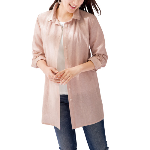 シャツ ブラウス レディース シニア 春夏 日本製 綿麻ロングブラウス オレンジ系 長袖 カジュアルシャツ 麻混 婦人服 ミセス 女性 シニアファッション 50代 60代 70代 80代 母の日 お母さん シンプル サマー おしゃれ 長め 体型カバー 　fuji　p22839