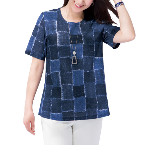Tシャツ カットソー レディース 春夏 日本製 デニム調パッチワーク風プルオーバー ネイビー系 丸首 コットンシャツ 婦人服 50代 60代 70代 80代　fuji　p22842 Tシャツ 春夏 日本製 デニム調パッチワーク風プルオーバー