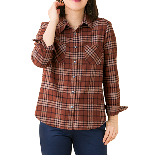 ブラウス 日本製 ポケット付チェックブラウス レッド トップス シャツ ブラウス 赤 赤茶色 ブラウン レディース 婦人服 ミセス シニア 女性 格子柄 カジュアルシャツ シニアファッション 50代 60代 70代 80代 母の日　fuji　p23155