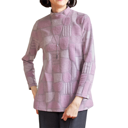 チュニック 秋冬 日本製 ジャカードチュニックプルオーバー ピンク トップス チュニック モックネック レディース 婦人服 ミセス シニア 女性 シニアファッション 50代 60代 70代 80代 母の日 お母さん 幾何学模様 幾何柄　nss　p23527