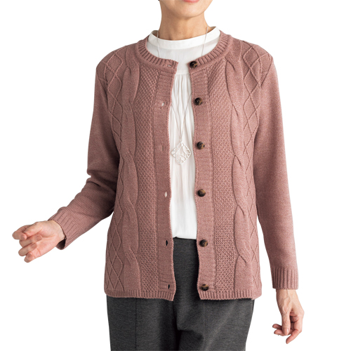 カーディガン レディース シニア 日本製 編み地変化 ニットカーディガン トップス ボレロ 丸首 前開き ピンク 婦人服 ミセス 女性 ファッション 40代 50代 60代 70代 80代 母の日 お母さん シンプル クルーネック くすみピンク かわいい 上品 秋冬　nss　p23542　p24811の通販は 5,940円