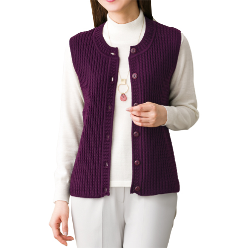 ベスト 秋冬 日本製 ファインメリノウール100％ ベスト 全6色 トップス 前開き ベスト ジレ 丸首 クルーネック ピンク パープル グレージュ ワインレッド ブラック レディース 婦人服 ミセス 女性 シニア 母の日 お母さん 50代 60代 70代 80代　fuji　p23923　p25200