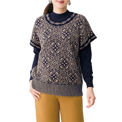 ベスト プルオーバー レディース シニア 日本製 ジャカードベストアンサンブル トップス ハイネックニット ブラック ベージュ 婦人服 ミセス 女性 シニアファッション 50代 60代 70代 80代 母の日 お母さん 上品 エレガント ループヤーン 秋物 冬物 秋冬　fuji　p24013