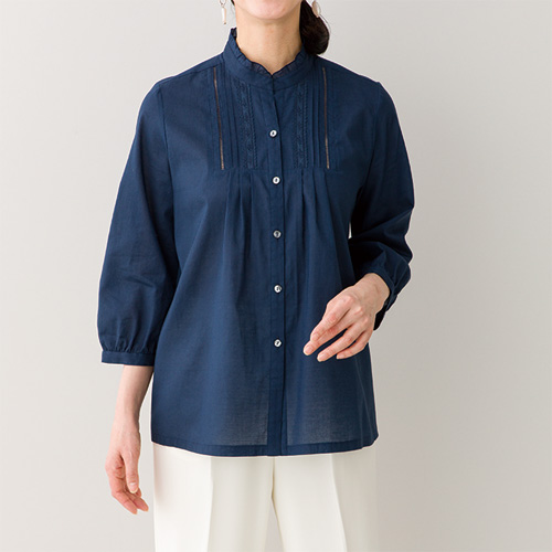 七分袖ブラウス フリル襟 透け感 前開き フリーML 春夏 シニア レディース シニアファッション 婦人服 カットソー 50代 60代 70代 七分袖ブラウス フリル襟 透け感 前開き フリーML 春夏 シニア