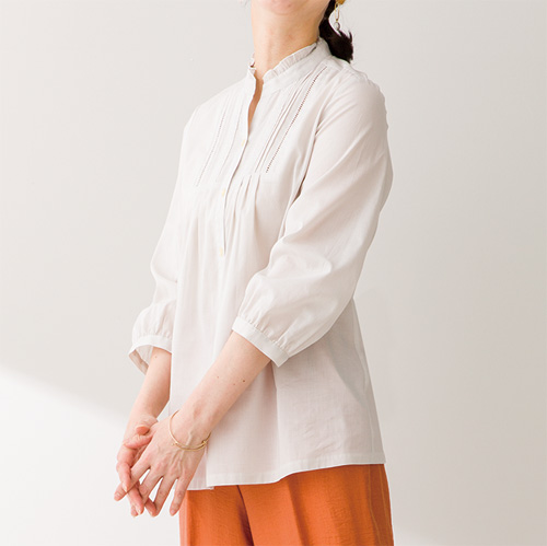 ブラウス 春夏 日本製 前レース使いフリル衿ブラウス 全2色