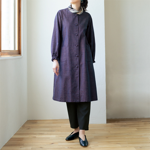 日本製 三河木綿 コートワンピース 藍色系 ワンピース 長袖 コットン 和素材 レディース 婦人服 ミセス シニア 女性 膝下丈 ネイビー コート 羽織り 無地 木綿 ゆったり 体型カバー シンプル ファッション 40代 50代 60代 70代 80代 90代 母の日 お母さん 春夏　nss　p24695