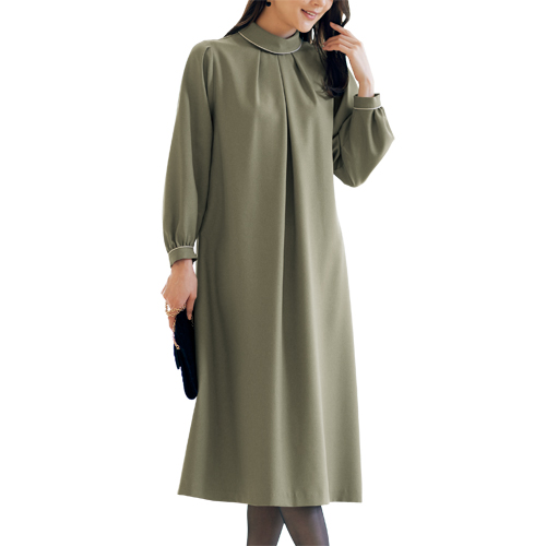 ワンピース 長袖 パフスリーブ 膝下丈 レディース 日本製 ロールカラーパイピングワンピース グリーン スタンドカラー 婦人服 ミセス シニア 女性 緑 シンプル 上品 ひざ下丈 シニアファッション 40代 50代 60代 70代 80代 母の日 お母さん おばあちゃん 秋冬　nss　p24701