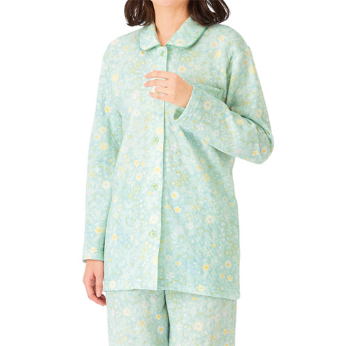 日本製 キルトニット花柄パジャマ 全2色 パジャマ 前開き 寝間着 寝巻き レディース 婦人服 ミセス シニア 女性 ピンク グリーン 花柄 シンプル 長袖 長ズボン 丸襟 介護 入院 キルティング シニアファッション 40代 50代 60代 70代 80代 秋物 冬物 秋冬　fri　p24777