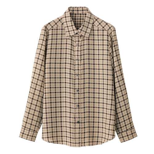 日本製 千鳥チェック柄シャツ ベージュ シャツ ブラウス 長袖