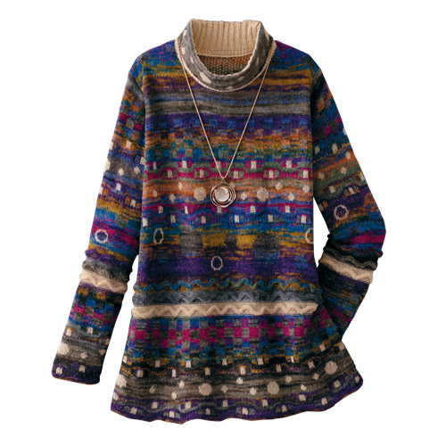 日本製 かすりジャカードロングセーター ブルー×カーキ系 ニット セーター ハイネック レディース 婦人服 ミセス シニア 女性 デザインニット 絣糸 ドット柄 ジャカード ジャガード 50代 60代 70代 80代 母の日 お母さん 秋物 冬物 秋冬　nss　p25010 6,589円