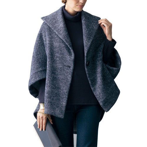 裏起毛 ポンチョ風 ゆったりジャケット 杢調ネイビー グレー ポンチョ ジャケット レディース 婦人服 ミセス シニア 女性 アウター 上着 モード モダン シンプル 体型カバー きれいめ シニアファッション 40代 50代 60代 70代 80代 母の日 お母さん 秋冬　nss　p25015