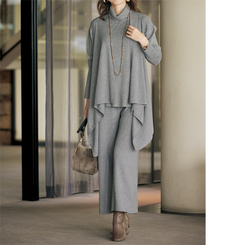 デザインニット3点セット セットアップ グレー ハイネックトップス セミワイドパンツ ドレープベスト レディース 婦人服 ミセス シニア 女性 無地 シンプル 上品 長袖 プルオーバー パンツ ベスト ファッション 40代 50代 60代 70代 80代 母の日 お母さん 秋冬　nss　p25018の通販は 10,890円