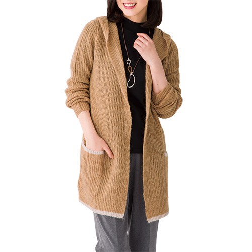 ウール混ニットカーディガン 全3色 フード付き カーディガン フーディ ニット レディース 婦人服 ミセス シニア 女性 ベージュ グレー ボルドー 灰色 薄茶色 赤 ミドル丈 毛混 ファッション 40代 50代 60代 70代 80代 母の日 お母さん 秋冬　pos　fuji　p25032　natu　p26537の通販は 5,614円
