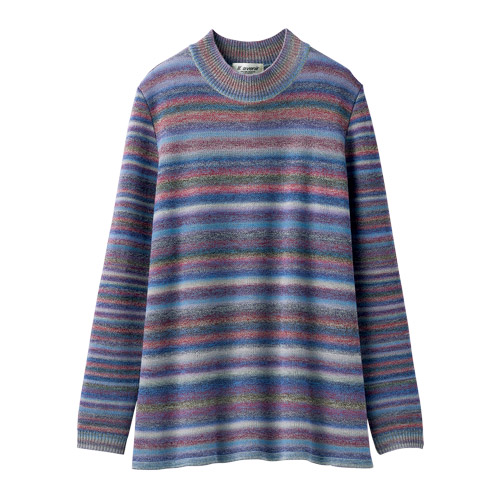 日本製 洗えるウール100％のかすり五泉ニット 全2色 ニット セーター ボトルネック レディース 婦人服 ミセス シニア 女性 パープル ブルー ボーダー ウォッシャブル 手洗い ごせんニット ウォッシャブルウール ハイネック 50代 60代 70代 80代 秋冬　fuji　p25057 日本製 洗えるウール100％のかすり五泉ニット 全2色 ニット セーター