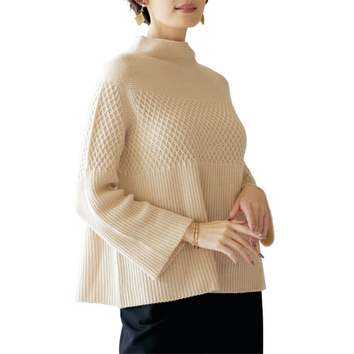 ニット セーター ハイネック レディース 日本製 ホールガーメント ニットプルオーバー ライトベージュ婦人服 ミセス シニア 女性 ベージュ モックネック 上品 無地 シンプル シニアファッション 40代 50代 60代 70代 80代 母の日 お母さん 秋物 冬物 秋冬　nss　p25303