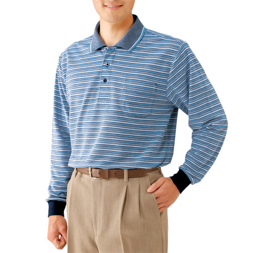 先染めボーダー柄長袖 ポロシャツ 2色組 ポロシャツ 長袖 ブラック ネイビー リブ袖 横縞 縞柄 カジュアル 胸ポケット シンプル 黒 紺色 ブルー シニアファッション 40代 50代 60代 70代 80代 父の日 お父さん 春夏　kita　p25442