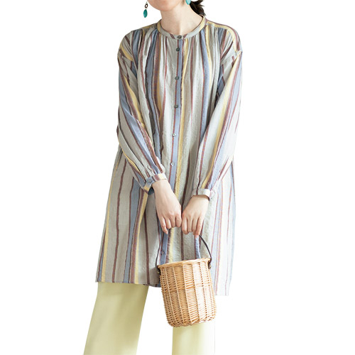 ワンピース カラーストライプチュニックワンピース バンドカラー ワンピース 長袖 レディース 婦人服 ミセス シニア 女性 ベージュ カラフル シャツワンピース シニアファッション 40代 50代 60代 70代 80代 母の日 お母さん 春夏　nss　p25489