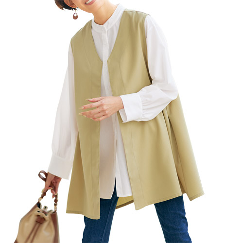 ジレ＆バンドカラー シャツチュニックセット アンサンブル 体型カバー シャツ バンドカラー ベスト 前開き 2点セット レディース 婦人服 ミセス シニア 女性 重ね着 イエロー ホワイト チョッキ 無地 40代 50代 60代 70代 80代 母の日 お母さん 春夏　nss　p25491