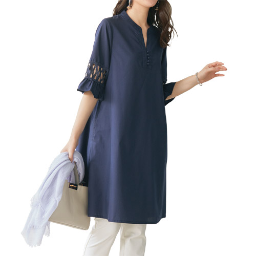 ワンピース 綿入りレース使いワンピース ネイビー 膝下丈 ワンピース デザイン袖 五分袖 レディース 婦人服 ミセス シニア 女性 紺色 バンドカラー ひざ下丈 シンプル 無地 上品 シニアファッション 40代 50代 60代 70代 80代 母の日 お母さん 春夏　nss　p25512