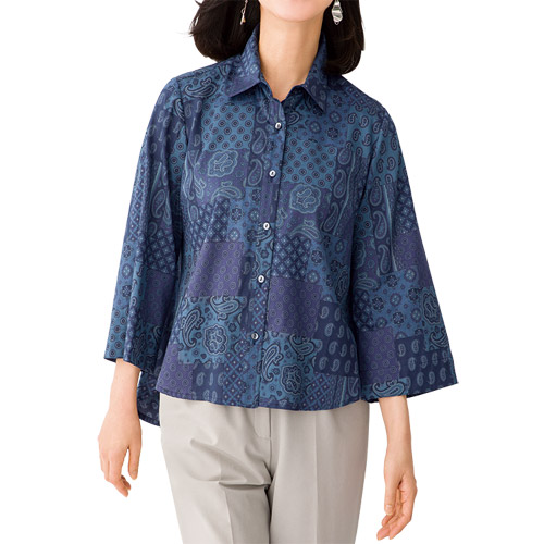 ブラウス シャツ 紺色 レディース 日本製 ペイズリー柄フレアブラウス ネイビー系 七分袖 婦人服 ミセス シニア 女性 ペイズリー模様 ブルー 上品 きれいめ 体型カバー シニアファッション 40代 50代 60代 70代 80代 母の日 お母さん おばあちゃん 春夏 サマー　fuji　p25516