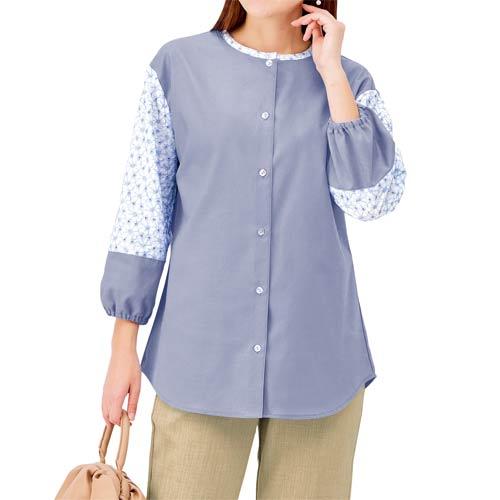 袖レース刺繍使いブラウス 全2色 ブラウス 七分袖 丸首 スモック レディース 婦人服 ミセス シニア 女性 ホワイト サックスブルー 白 青 春夏　fri　p25575 袖レース刺繍使いブラウス 全2色 ブラウス 七分袖 丸首 スモック