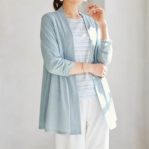 麻混 カーディガン 長袖 薄手 レディース 麻入りカットソーカーディガン ブルー 婦人服 ミセス シニア 女性 無地 上品 サックスブルー 水色 春夏　nss　p25840 麻入りカットソーカーディガン ブルー 麻混 カーディガン 長袖