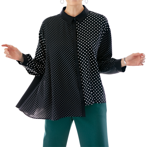 アシンメトリードットシャツブラウス ブラック オフホワイト Aライン