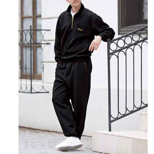 キルトジャカード ハイZIPスーツ 全2色 スウェットスーツ 上下セット ジャージ ブラック ホワイト メンズ 紳士服 シニア 男性 黒 白 ハーフジップ プルオーバー 長袖 長ズボン リブ袖 裾リブ 無地 ファッション 40代 50代 60代 70代 80代 父の日 お父さん 秋冬　fri　p26272の通販は