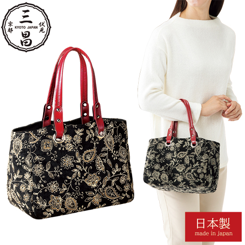 京都三昌 フロッキープリントバッグ 手提げバッグ トートバッグ ブラック レッド ハンドバッグ レディース 婦人 ミセス シニア 女性 バッグ 鞄 カバン かばん 黒 赤 ツートーン シニアファッション 40代 50代 60代 70代 80代 母の日 お母さん おばあちゃん　fri　p26396