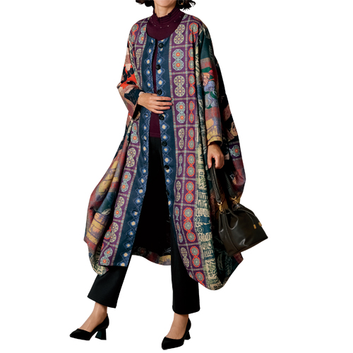 和調プリント裏地付きワンピースコート 膝丈 ネイビー パープル レッド