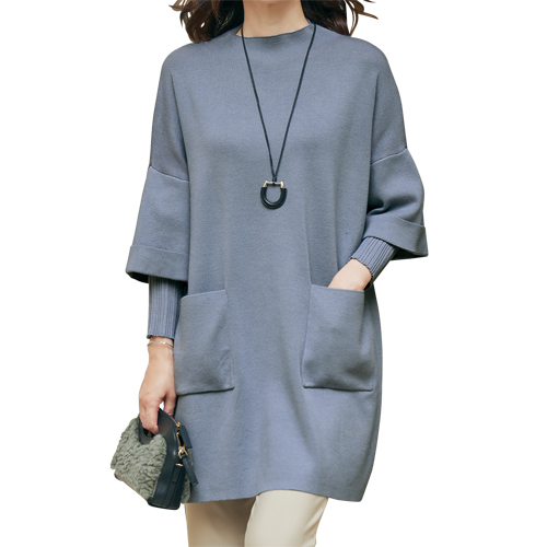 重ね着風ニットチュニック ブルー チュニック ストレートネック チュニック 青 レディース 婦人服 ミセス シニア 女性 無地 シンプル 上品 きれいめ 大人 シンプル ポケット 体型カバー シニアファッション 40代 50代 60代 70代 80代 母の日 お母さん 秋冬　nss　p26452_1