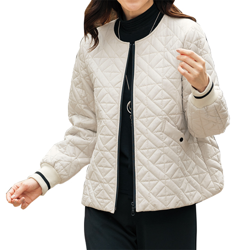 ダイヤ柄風キルトジャケット ホワイト キルティングジャケット ノーカラージャケット レディース 婦人服 ミセス シニア 女性 リブ袖 おしゃれ シンプル 無地 シニアファッション 40代 50代 60代 70代 80代 母の日 お母さん おばあちゃん 秋冬　nss　p26459