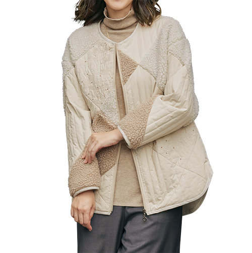 ボア・キルト刺しゅうパッチワークジャケット ライトベージュ ノー