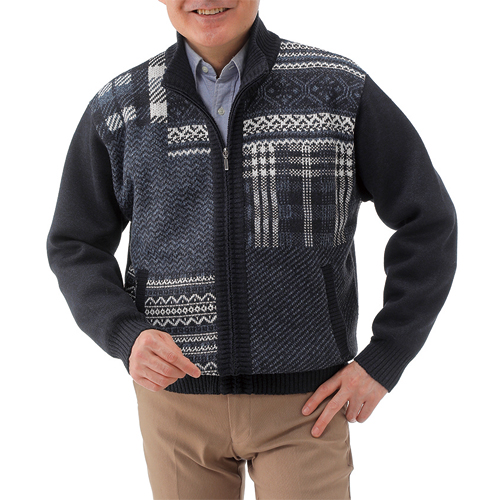 裏フリース ニットスタンドブルゾン 全2色 ニットジャケット ブルゾン グレー ネイビー メンズ 紳士服 シニア 男性 パッチワーク風 紺色 暖かい あったかい カーディガン ファスナー シニアファッション 40代 50代 60代 70代 80代 父の日 お父さん 秋冬 how p26751の通販は