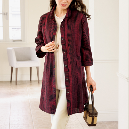 日本製 久留米織チュニックブラウス レッド 赤系 ロング丈 五分袖 ブラウス レディース 婦人服 ミセス シニア 女性 ストライプ 和風 5分袖 コットン 久留米織り しじら織り シニアファッション 40代 50代 60代 70代 80代 90代 母の日 お母さん 春物 夏物 春夏　nss　p26890