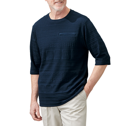 ファスナーポケット付き 編地柄プルオーバー 3色組 Tシャツ 丸首 七分袖 ネイビー ホワイト グレー メンズ 紳士服 シニア 男性 紺色 白 灰色 クルーネック 胸ポケット シンプル シニアファッション 40代 50代 60代 70代 80代 90代 父の日 お父さん 春夏　fri　p26960