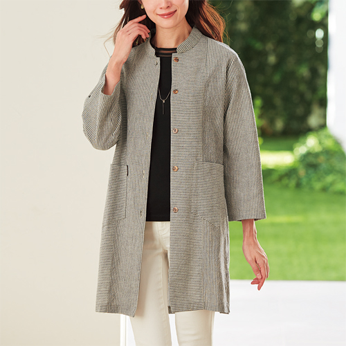 日本製 久留米織綿100％ シャツジャケット 全2色 スタンドカラー ジャケット 七分袖 ネイビー グレー レディース 婦人服 ミセス シニア 女性 和素材 久留米織り 紺色 コットン 洗える ウォッシャブル シンプル 50代 60代 70代 80代 母の日 お母さん 春夏　fri　p26964 日本製 久留米織綿100％ シャツジャケット 全2色 スタンドカラー