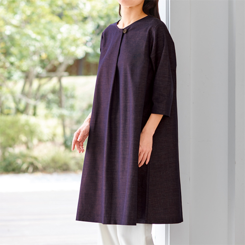 日本製 三河木綿チュニックワンピース 全2色 ワンピース Aライン チュニック 五分袖 丸首 レディース 婦人服 ミセス シニア 女性 クルーネック 和素材 和風 ネイビー パープル 紺色 紫 コットン 無地 シンプル 50代 60代 70代 80代 90代 母の日 お母さん 春夏　dz　p27163
