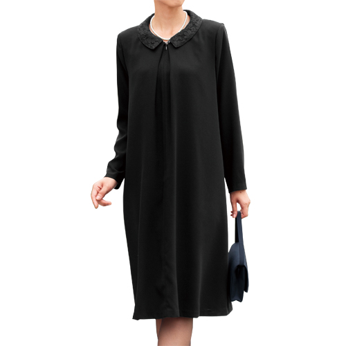 日本製 ゆったりフォーマルワンピース M L LL 3L ブラックフォーマル ワンピース 長袖 喪服 礼服 礼装 レディース 婦人服 ミセス シニア 女性 ブラック 黒 襟付き レース襟 膝丈 ひざ丈 シンプル 上品 50代 60代 70代 80代 90代 母の日 お母さん　dz　p27168_1