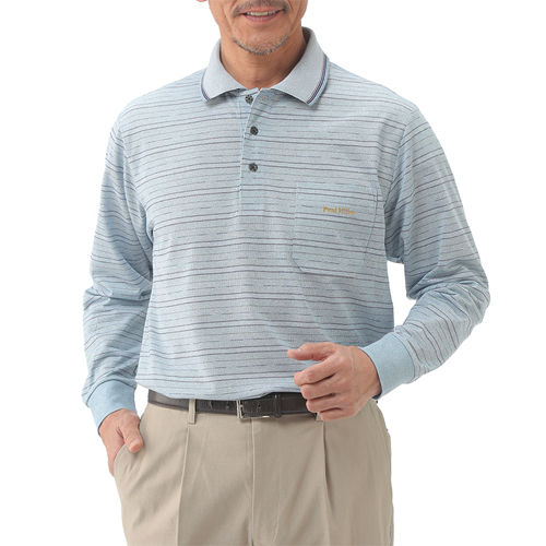 ポロシャツ 長袖 ボーダー 胸ポケット メンズ ポールミラー ジャカード ボーダー 長袖ポロシャツ 3色組 紳士服 シニア 男性 ブルー ネイビー ベージュ カジュアルシャツ 紺色 青 薄茶色 淡色 シンプル 40代 50代 60代 70代 80代 90代 父の日 お父さん 春夏　how　p27213