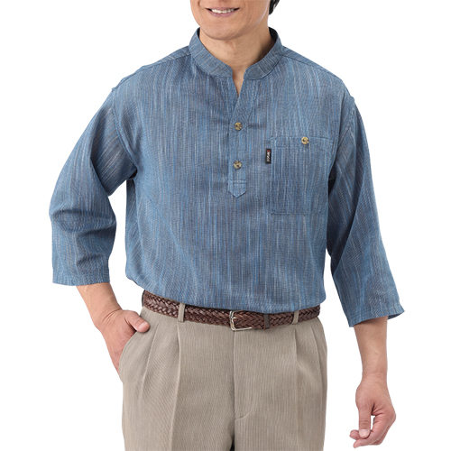 7分袖スラブシャツ 2色組 カジュアルシャツ 七分袖 バンドカラー メンズ 紳士服 シニア 男性 スタンドカラー 綿混 ベージュ ネイビー 薄茶色 紺色 胸ポケット サマー シンプル シニアファッション 40代 50代 60代 70代 80代 90代 父の日 お父さん 夏物 春夏　sai　p27383