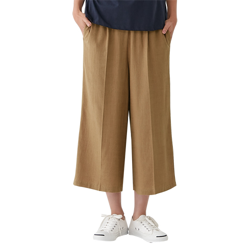日本製 麻混リラックスワイドパンツ 3色組 クロップド丈 ワイドパンツ ミモレ丈 レディース 婦人服 ミセス シニア 女性 ネイビー カーキグリーン ベージュ 紺色 緑 薄茶色 無地 麻入り ズボン シンプル 40代 50代 60代 70代 80代 90代 母の日 お母さん 春夏　cer　p27408 日本製 麻混リラックスワイドパンツ 3色組 クロップド丈 ワイドパンツ