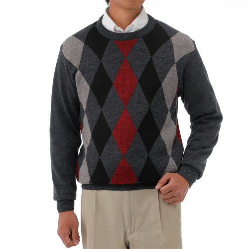ショットアロー 日本製 ダイヤ柄 クルーネックセーター 全2色 ニット セーター ウール混 丸首 グレー 毛混 メンズ 紳士服 シニア 男性 大人 灰色 上品 トラッド シニアファッション 40代 50代 60代 70代 80代 父の日 お父さん おじいちゃん 秋物 冬物 秋冬　kita　p27535