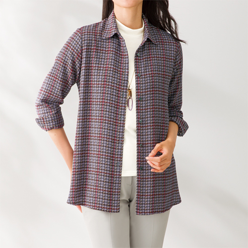 日本製 ちりめん千鳥格子柄 シャツジャケット パープルグレー系 ジャケット シャツ 長袖 千鳥柄 レディース 婦人服 ミセス シニア 女性 大人 ブラウス 紫 上品 千鳥格子 縮緬 シニアファッション 40代 50代 60代 70代 80代 母の日 お母さん おばあちゃん 秋冬　fuji　p27658