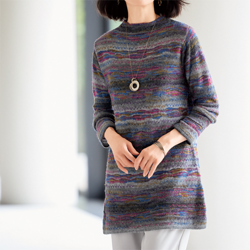 日本製 かすり糸使い ニットチュニック グレー ワインレッド 毛混 チュニック ボトルネック ニット セーター レディース 婦人服 ミセス シニア 女性 大人 モックネック ボーダー 上品 おしゃれ 40代 50代 60代 70代 80代 90代 母の日 お母さん 秋冬　nss　p27876