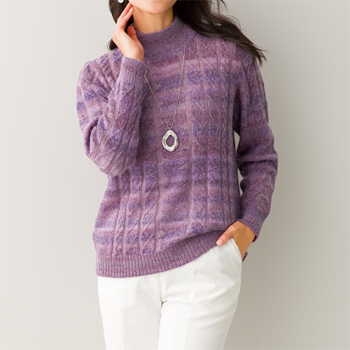 日本製 モヘヤ混 かすり糸使いプルオーバー ローズパープル ニット セーター ハイネック レディース 婦人服 ミセス シニア 女性 大人 ケーブル編み ケーブルニット 薄紫 ピンク シニアファッション 40代 50代 60代 70代 80代 90代 母の日 お母さん 秋冬　fuji　p27947