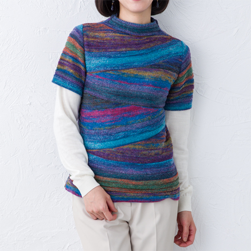 日本製 デザインプルオーバー ブルー 重ね着 ニット セーター 半袖 モックネック レディース 婦人服 ミセス シニア 女性 大人 青 ボトルネック デザインニット おしゃれ アクセント ファッション 40代 50代 60代 70代 80代 90代 母の日 お母さん 秋冬　fuji　p27953