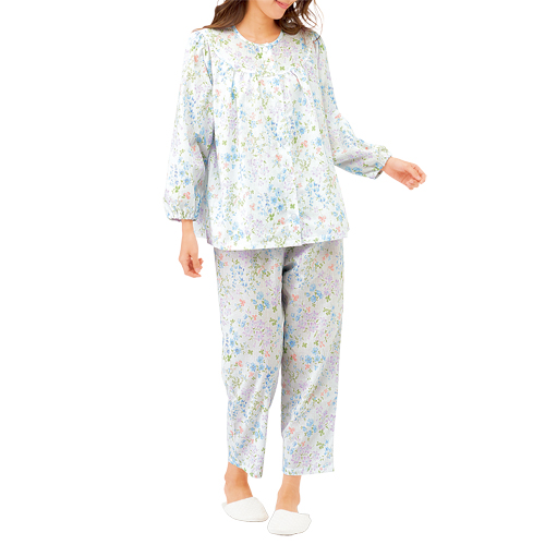 パジャマ 春夏 日本製 京都捺染綿100％ さらり楊柳パジャマ 全3色 パジャマ 寝巻き 寝間着 前開き レディース 婦人服 ミセス シニア 女性 ピンク オレンジ ブルー 花柄 介護 入院 丸首 長袖 長ズボン 40代 50代 60代 70代 80代 母の日 お母さん　fri　p24144